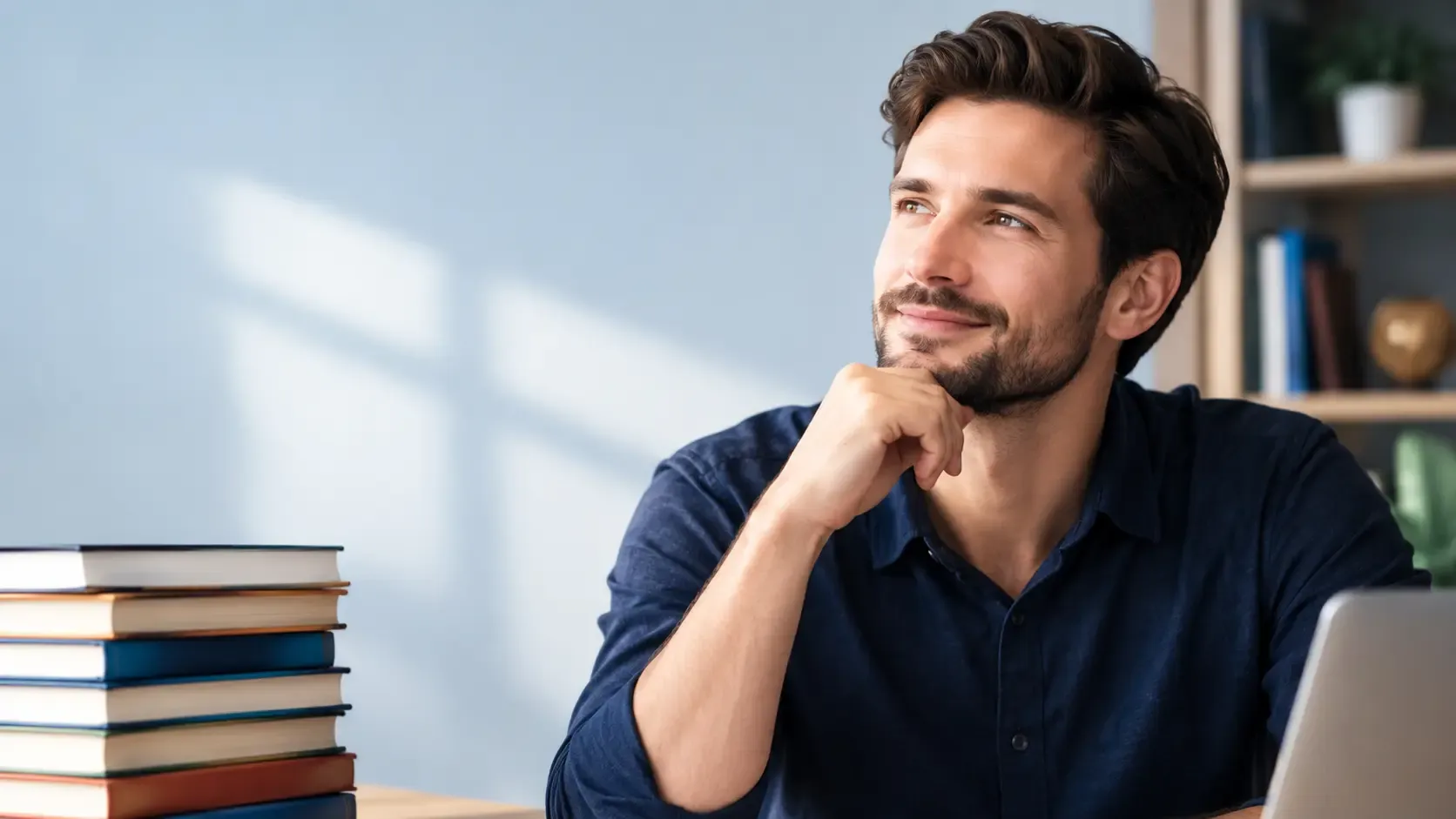 Sales professional reading sales books at a desk with a laptop